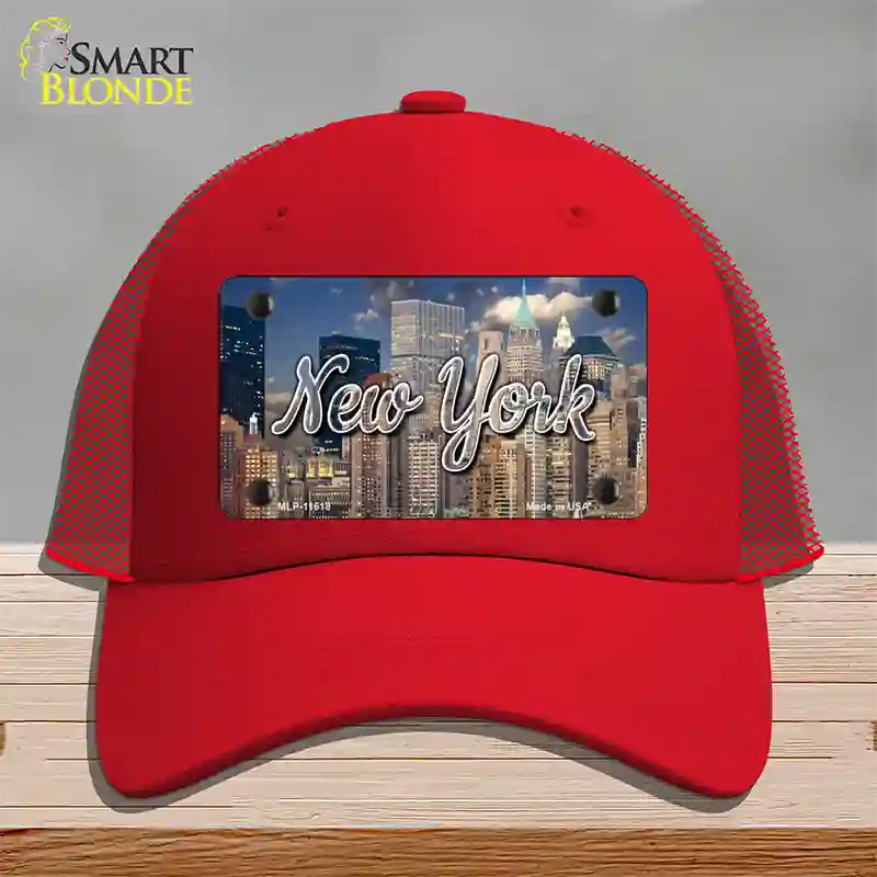 New York City Skyline State Novelty License Plate Hat Mesh / Red