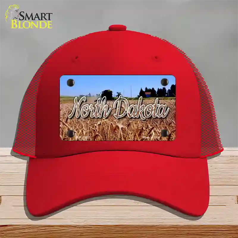 North Dakota Wheat Farm State Novelty License Plate Hat Mesh / Red