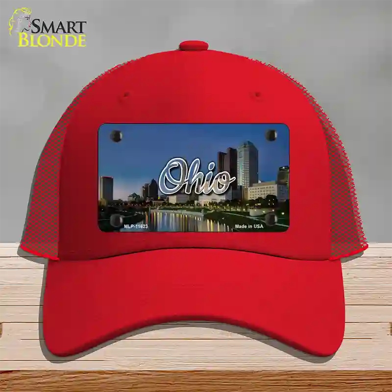 Ohio River City Skyline State Novelty License Plate Hat Mesh / Red