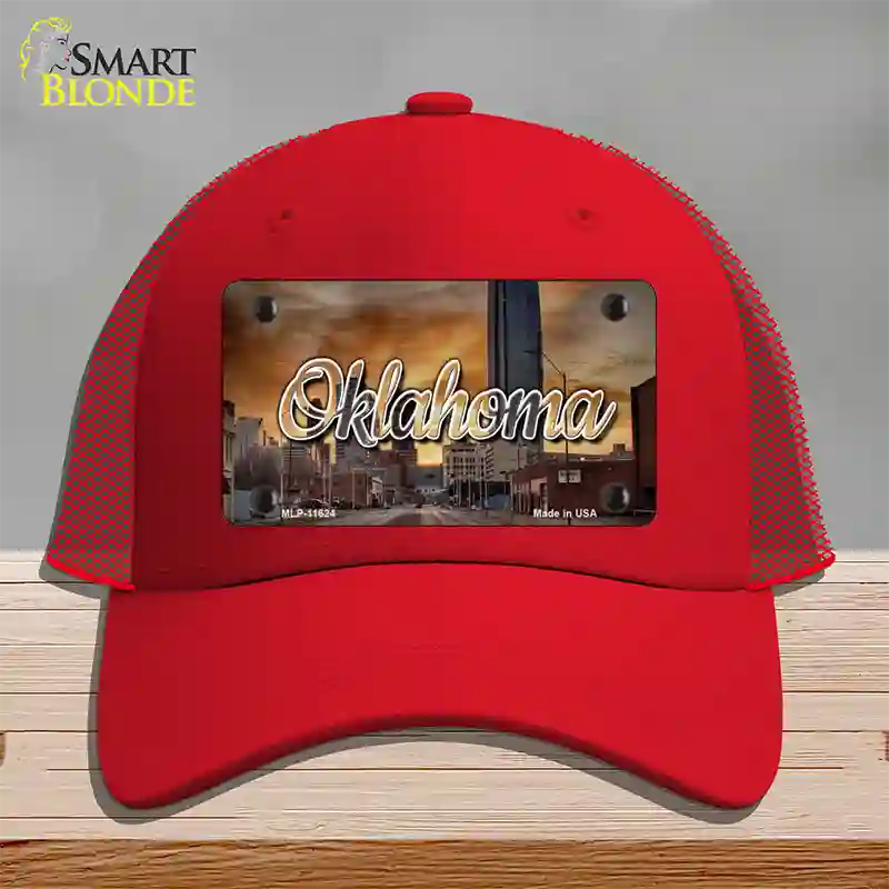 Oklahoma Sunset Skyline State Novelty License Plate Hat Mesh / Red