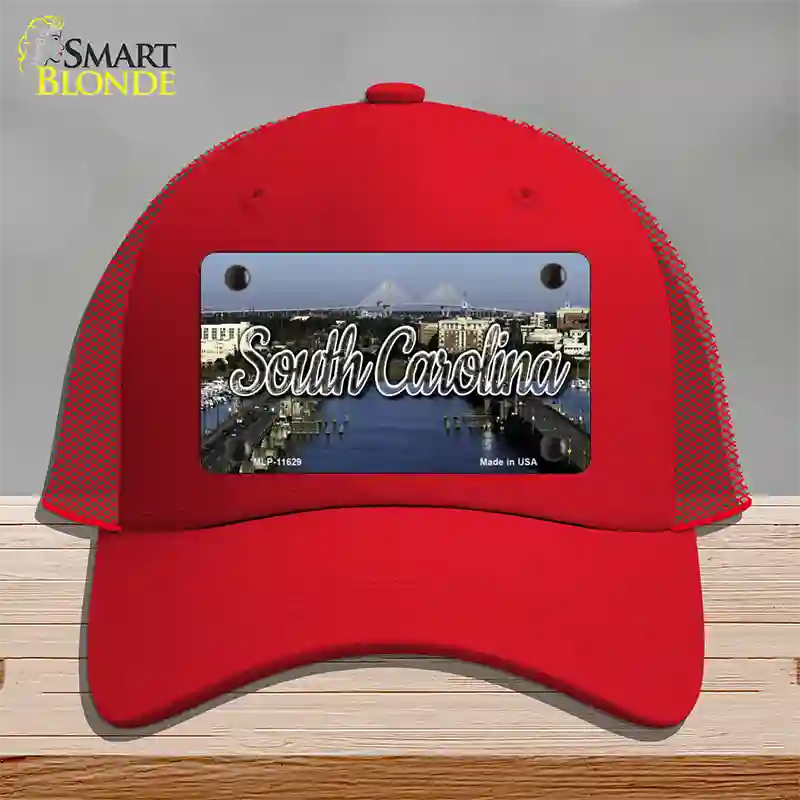 South Carolina City Bridge State Novelty License Plate Hat Mesh / Red