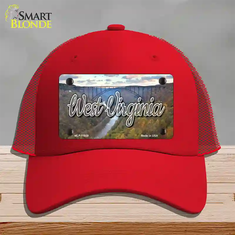 West Virginia River Bridge State Novelty License Plate Hat Mesh / Red