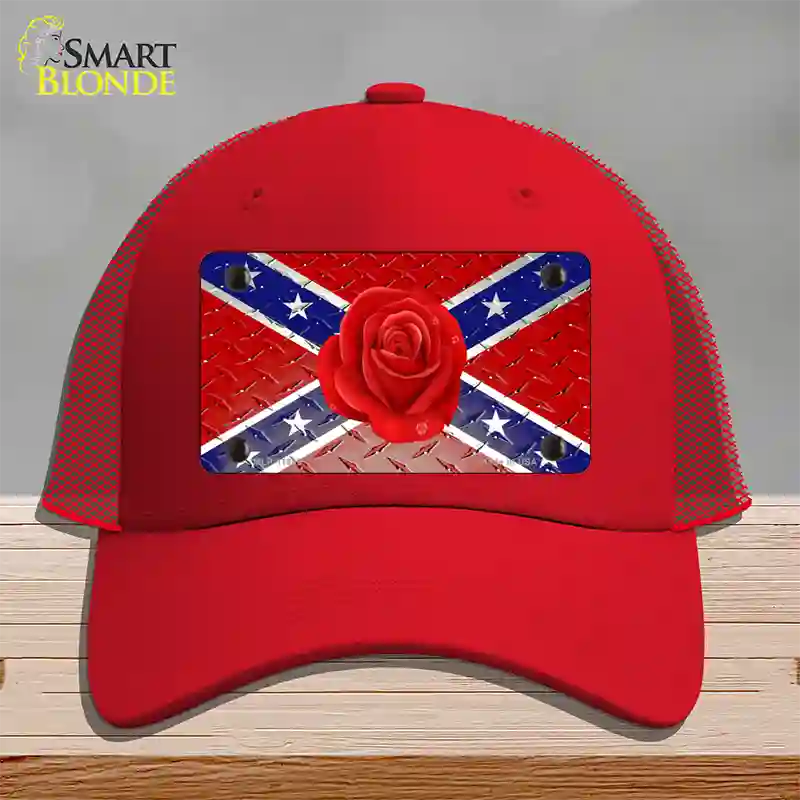 Confederate Flag With Red Rose Novelty License Plate Hat Mesh / Red