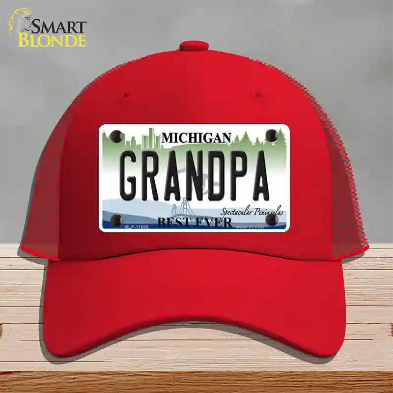 Grandpa Michigan Novelty License Plate Hat Mesh / Red