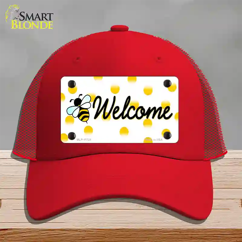 Welcome Bee Novelty License Plate Hat Mesh / Red