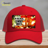 My Hero Wears Cowboy Boots Novelty License Plate Hat Mesh / Red