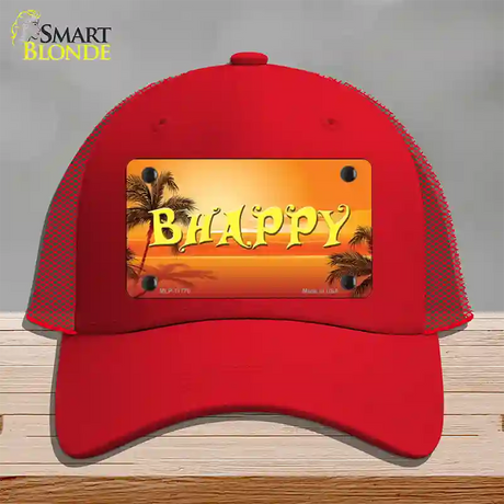 Be Happy Beach Scene Novelty License Plate Hat Mesh / Red