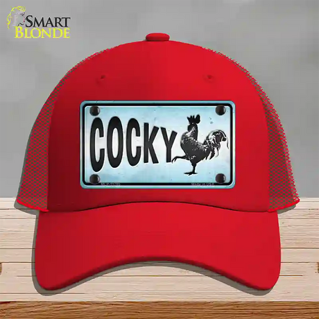 Cocky Chicken Novelty License Plate Hat Mesh / Red