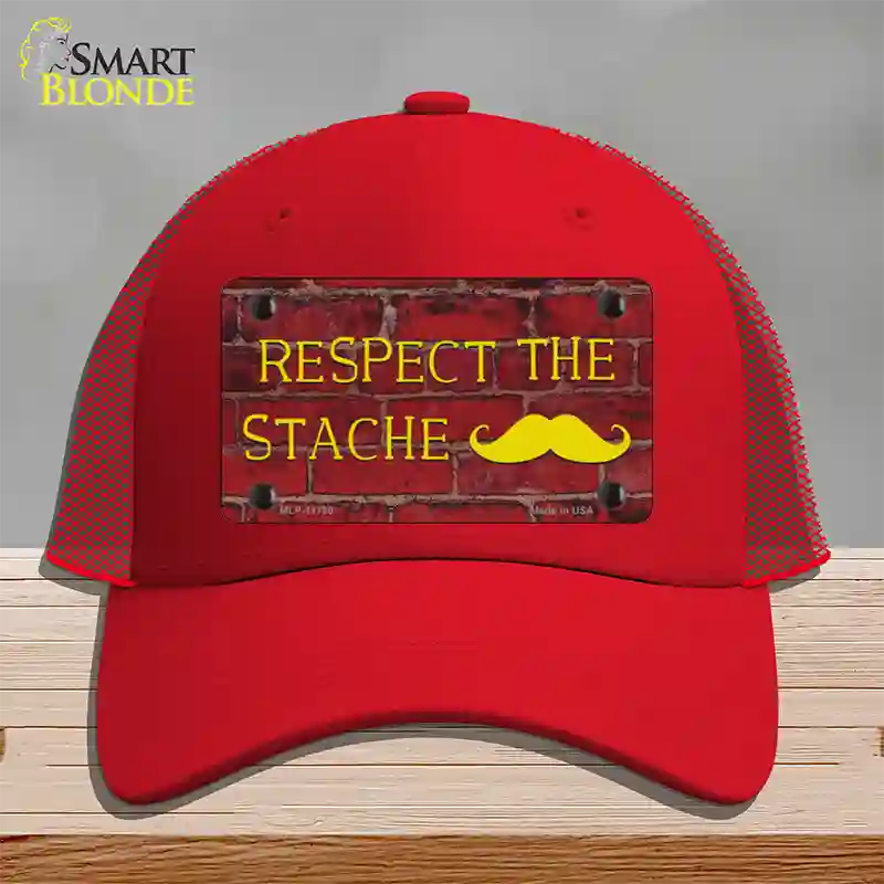 Respect the Stache Novelty License Plate Hat Mesh / Red