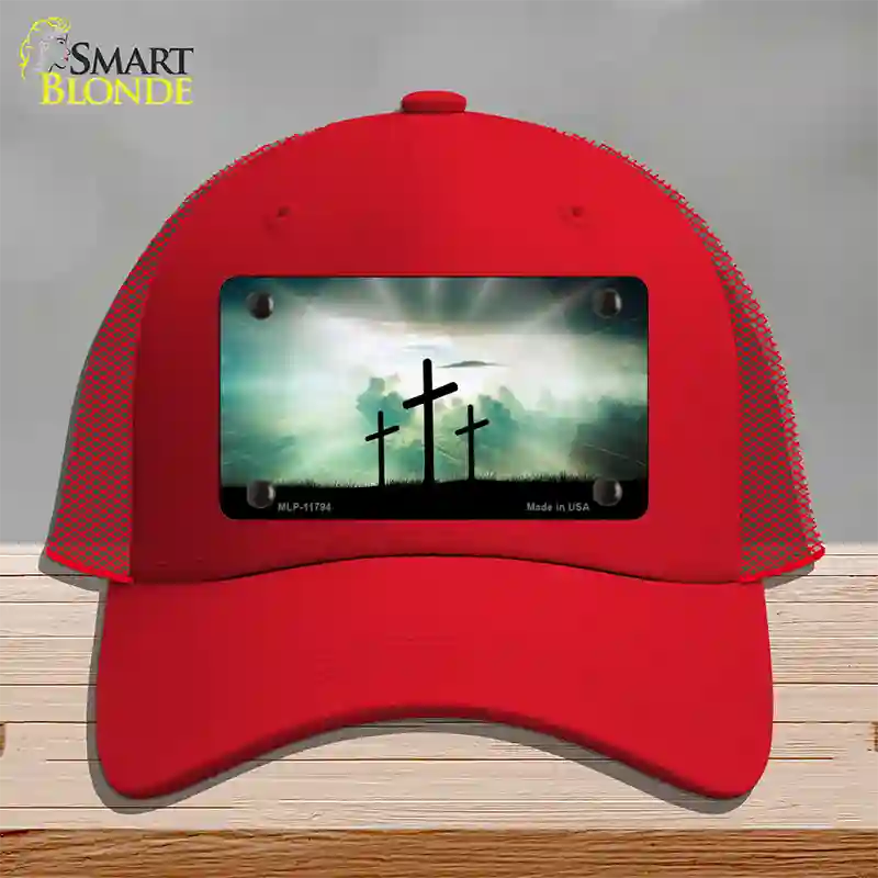 Crosses in the Sun Blue Novelty License Plate Hat Mesh / Red