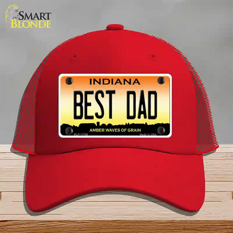 Best Dad Indiana Novelty License Plate Hat Mesh / Red