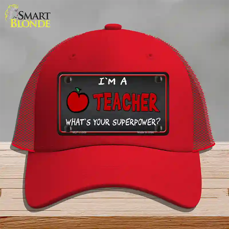 I Am A Teacher Novelty License Plate Hat Mesh / Red