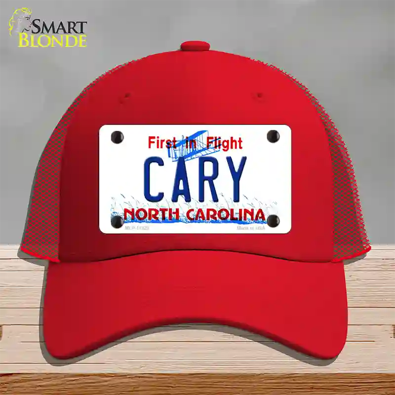 Cary North Carolina Novelty License Plate Hat Mesh / Red