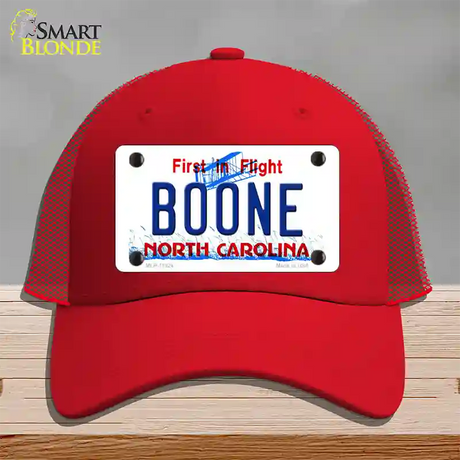 Boone North Carolina Novelty License Plate Hat Mesh / Red