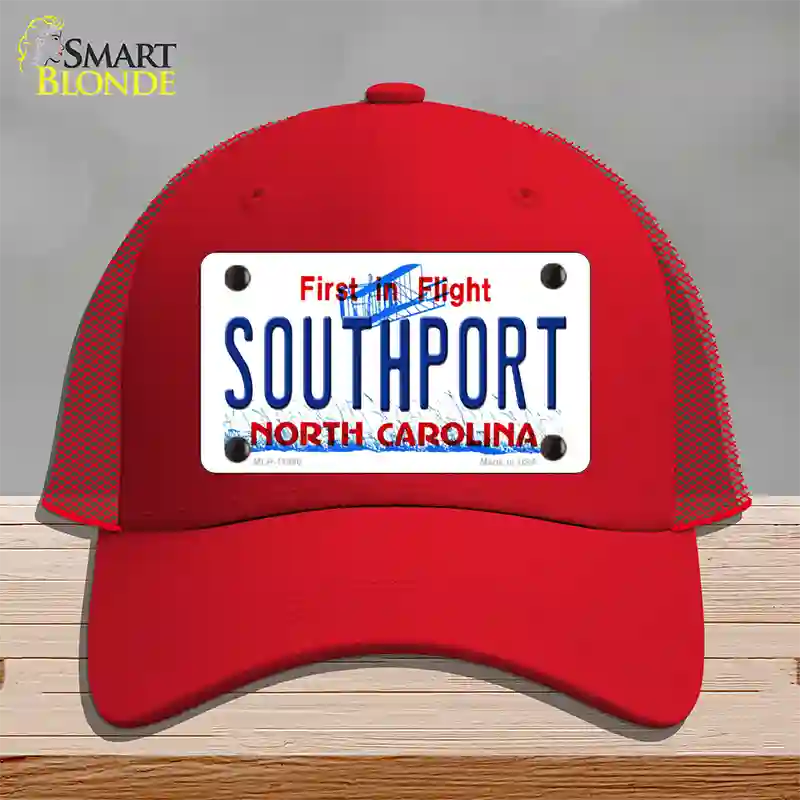 Southport North Carolina Novelty License Plate Hat Mesh / Red