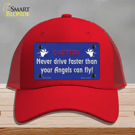 Never Drive Faster Than Angels Novelty License Plate Hat Mesh / Red