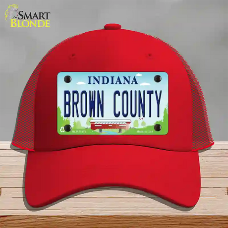 Brown County Indiana Novelty License Plate Hat Mesh / Red