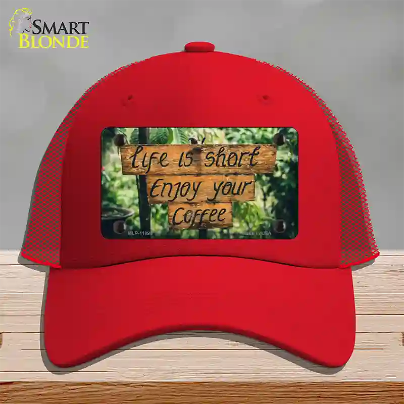 Enjoy Your Coffee Novelty License Plate Hat Mesh / Red