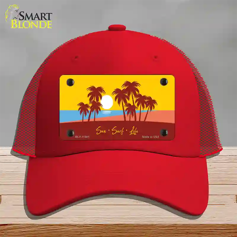 Sun Surf Life Novelty License Plate Hat Mesh / Red