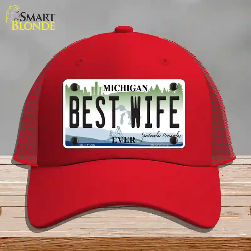 Michigan Best Wife Novelty License Plate Hat Mesh / Red