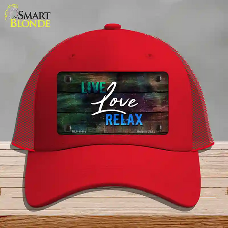 Live Love Relax Novelty License Plate Hat Mesh / Red