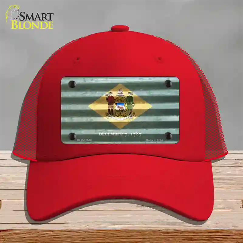 Delaware Corrugated Flag Novelty License Plate Hat Mesh / Red