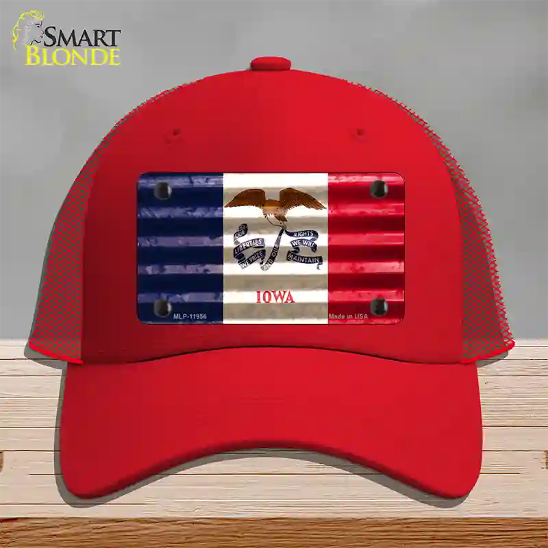 Iowa Corrugated Flag Novelty License Plate Hat Mesh / Red