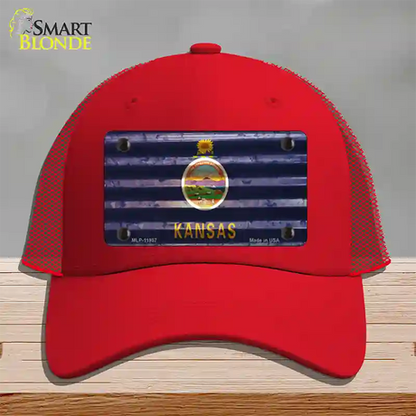 Kansas Corrugated Flag Novelty License Plate Hat Mesh / Red