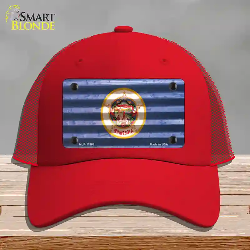 Minnesota Corrugated Flag Novelty License Plate Hat Mesh / Red