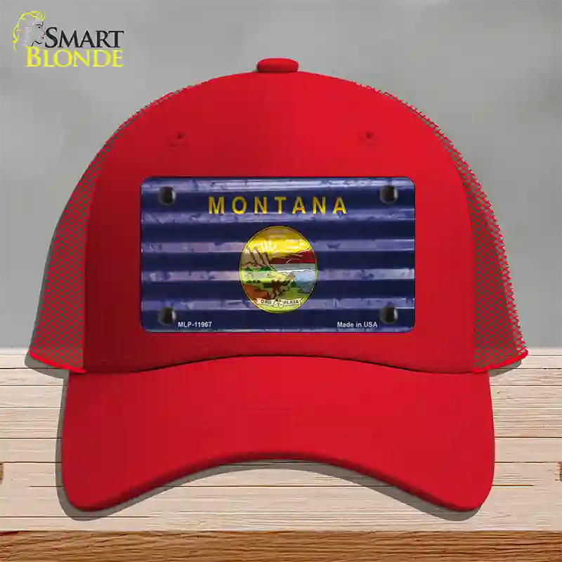 Montana Corrugated Flag Novelty License Plate Hat Mesh / Red