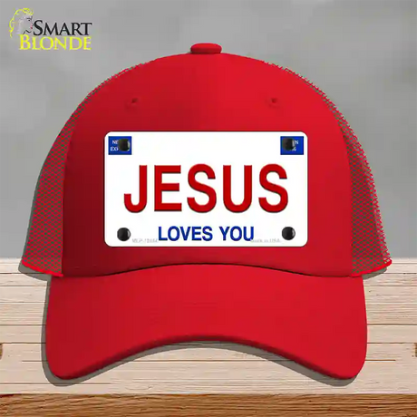 Jesus Loves You Novelty License Plate Hat Mesh / Red