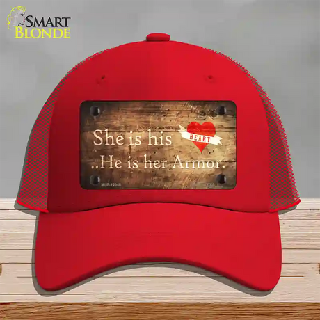 His Heart Her Armor Novelty License Plate Hat Mesh / Red