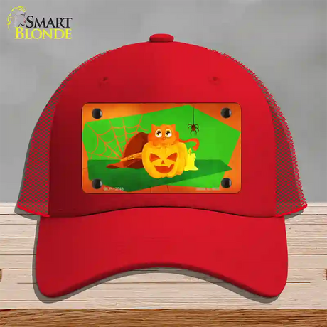 Pumpkin Kitty Novelty License Plate Hat Mesh / Red