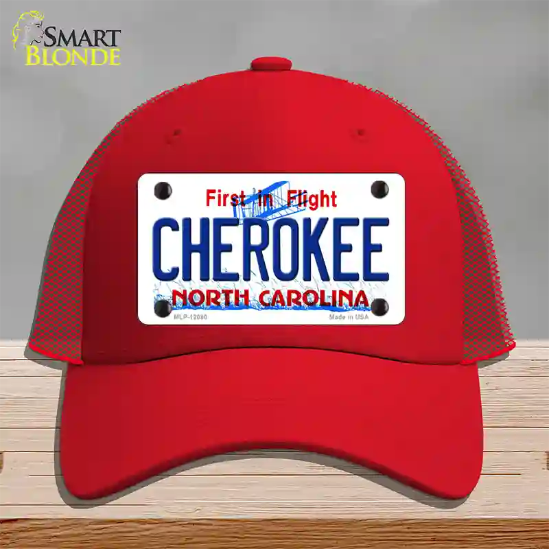 Cherokee North Carolina State Novelty License Plate Hat Mesh / Red