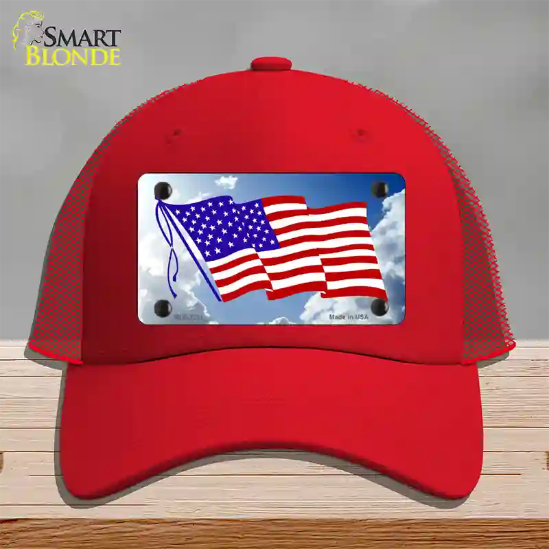 American Flag Cloud Novelty License Plate Hat Mesh / Red