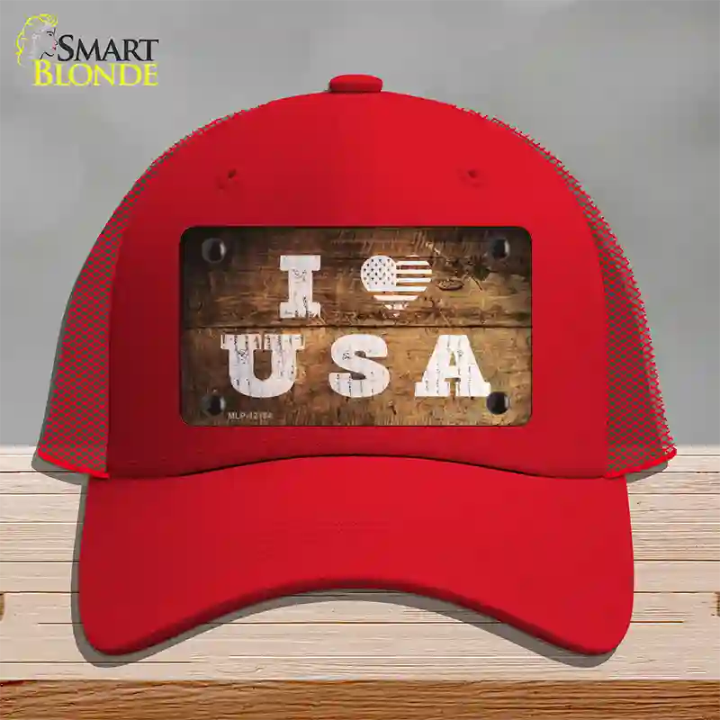 I Love USA Novelty License Plate Hat Mesh / Red