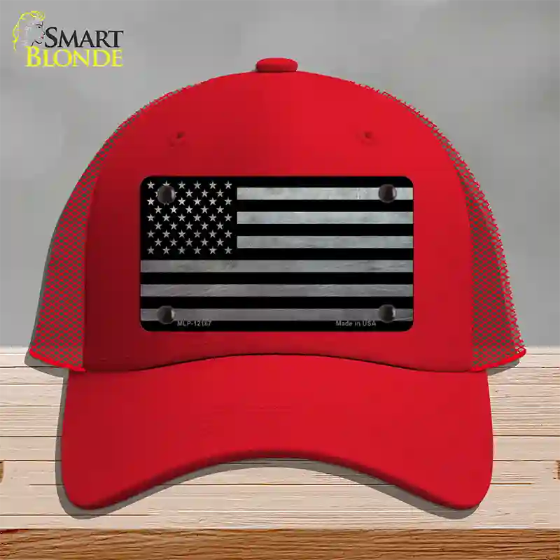 American Flag Black and Gray Novelty License Plate Hat Mesh / Red