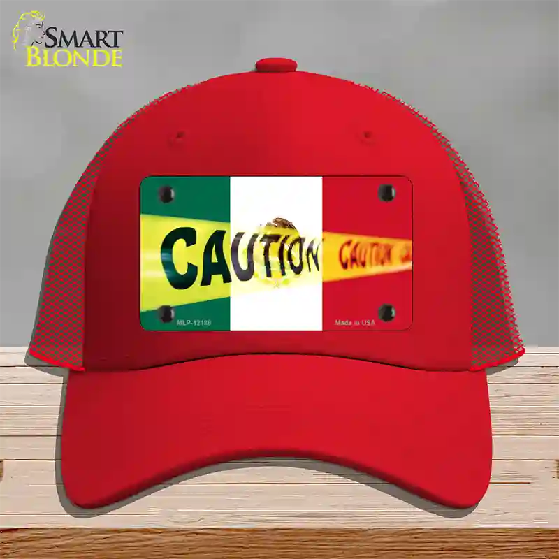 Caution Mexico Flag Novelty License Plate Hat Mesh / Red