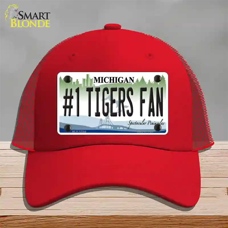 Number 1 Tigers Fan Michigan Novelty License Plate Hat Mesh / Red