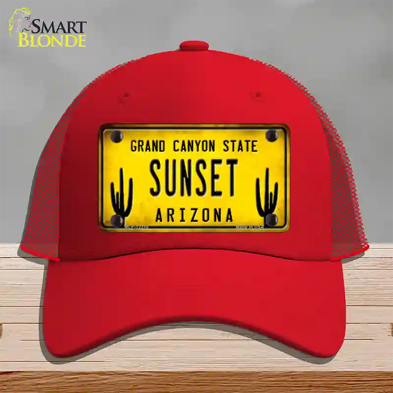 Arizona Sunset Novelty License Plate Hat Mesh / Red