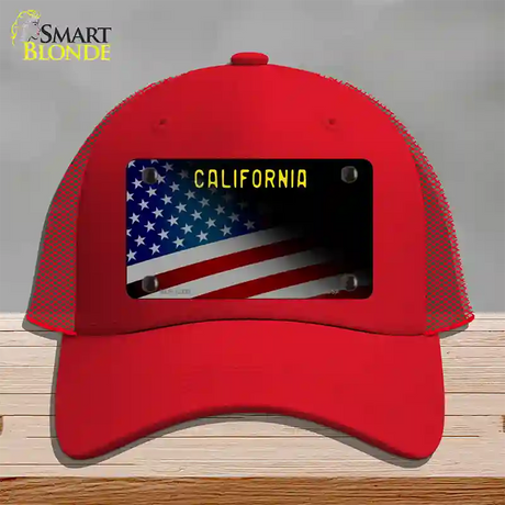 California with American Flag Novelty License Plate Hat Mesh / Red