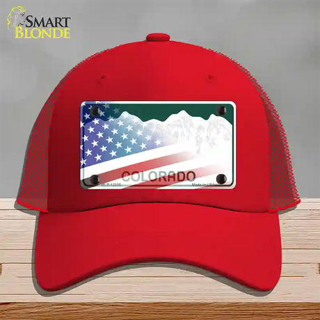 Colorado with American Flag Novelty License Plate Hat Mesh / Red