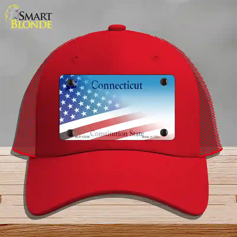 Connecticut with American Flag Novelty License Plate Hat Mesh / Red