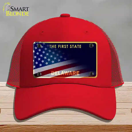 Delaware with American Flag Novelty License Plate Hat Mesh / Red