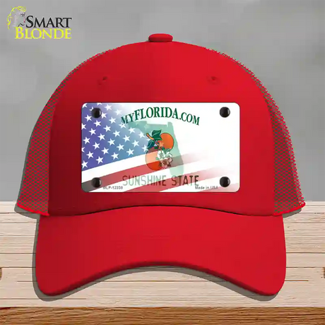 Florida with American Flag Novelty License Plate Hat Mesh / Red