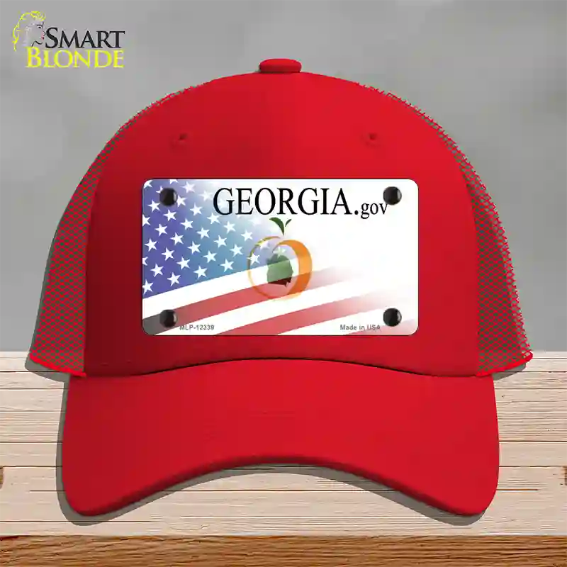 Georgia with American Flag Novelty License Plate Hat Mesh / Red