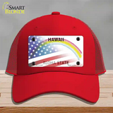 Hawaii with American Flag Novelty License Plate Hat Mesh / Red