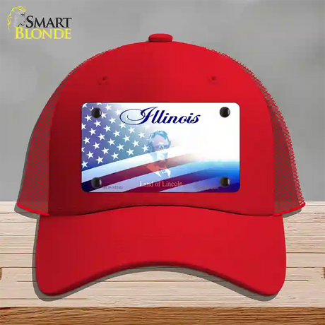 Illinois with American Flag Novelty License Plate Hat Mesh / Red