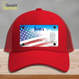 Iowa with American Flag Novelty License Plate Hat Mesh / Red