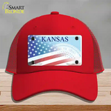 Kansas with American Flag Novelty License Plate Hat Mesh / Red